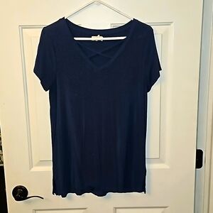 Cupio - womans blue short sleeve tshirt. Size: L, v-neck w/crisscross design